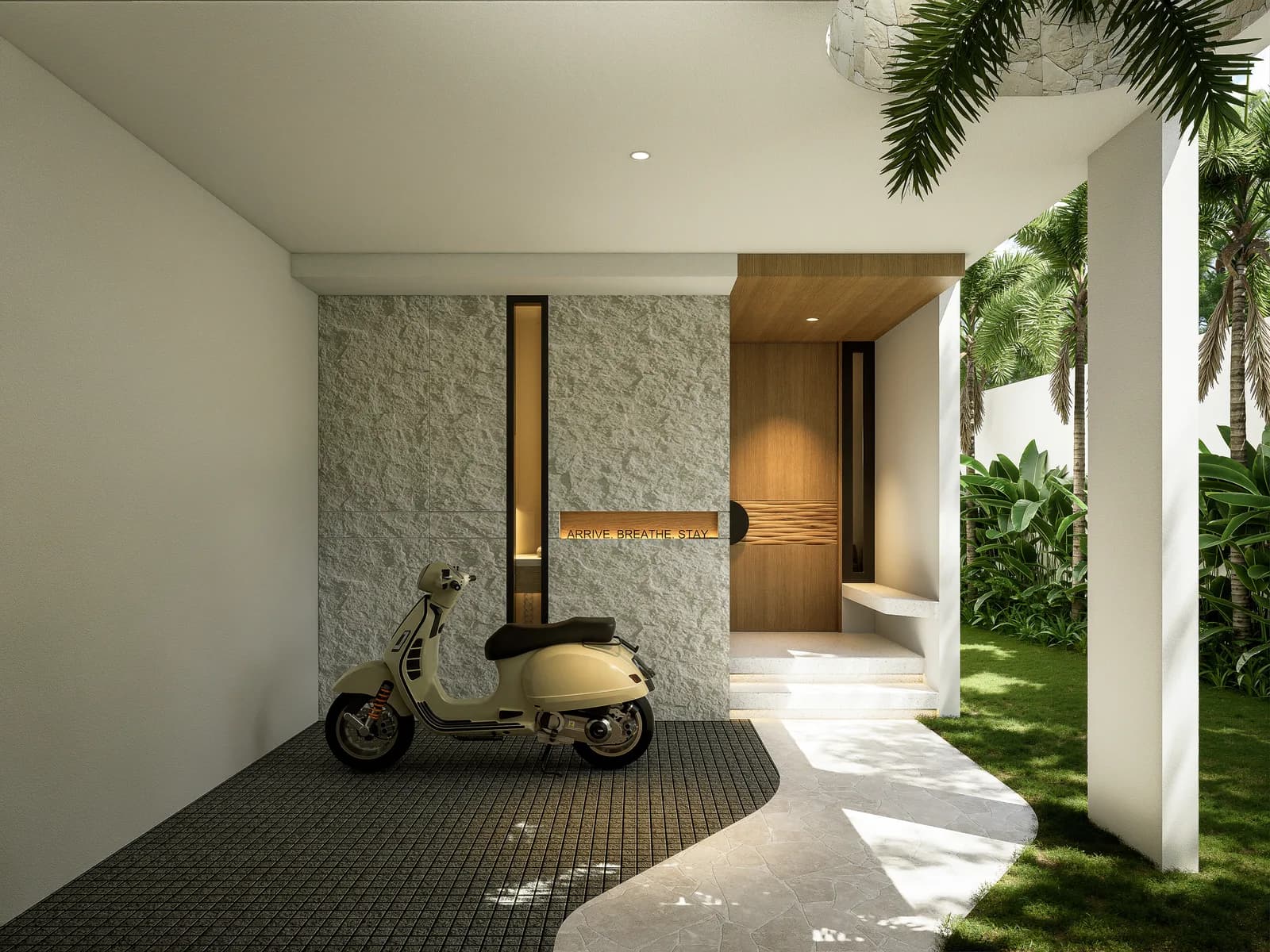 Vizualizace vily Seseh Villa — vstup do vily